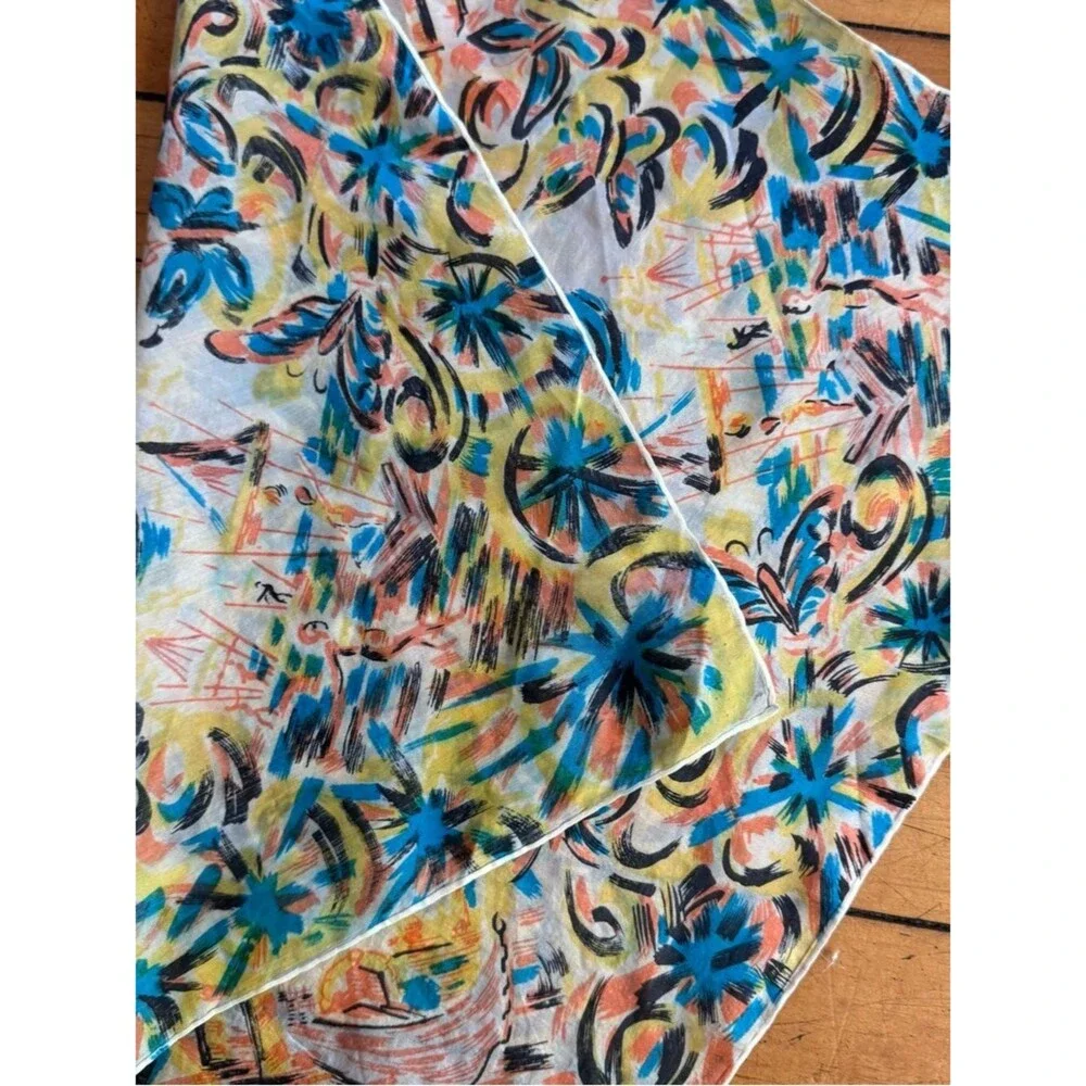 Vintage Japanese beach water painted scene Silk Scarf  blue white yellow boat